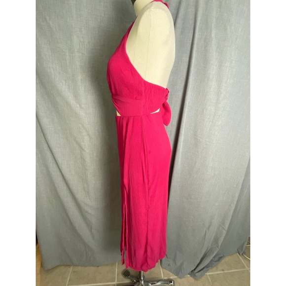 Lovers + Friends Hot Pink Crinkle Halter Cutout Ring Midi Dress Size S - Picture 11 of 11